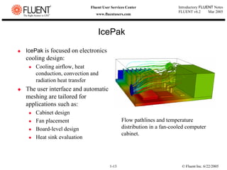 © Fluent Inc. 6/22/2005
1-13
Introductory FLUENT Notes
FLUENT v6.2 Mar 2005
Fluent User Services Center
www.fluentusers.com
IcePak
‹ IcePak is focused on electronics
cooling design:
z Cooling airflow, heat
conduction, convection and
radiation heat transfer
‹ The user interface and automatic
meshing are tailored for
applications such as:
z Cabinet design
z Fan placement
z Board-level design
z Heat sink evaluation
Flow pathlines and temperature
distribution in a fan-cooled computer
cabinet.
 