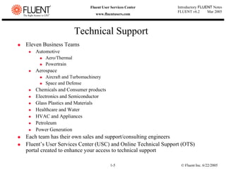 © Fluent Inc. 6/22/2005
1-5
Introductory FLUENT Notes
FLUENT v6.2 Mar 2005
Fluent User Services Center
www.fluentusers.com
Technical Support
‹ Eleven Business Teams
z Automotive
„ Aero/Thermal
„ Powertrain
z Aerospace
„ Aircraft and Turbomachinery
„ Space and Defense
z Chemicals and Consumer products
z Electronics and Semiconductor
z Glass Plastics and Materials
z Healthcare and Water
z HVAC and Appliances
z Petroleum
z Power Generation
‹ Each team has their own sales and support/consulting engineers
‹ Fluent’s User Services Center (USC) and Online Technical Support (OTS)
portal created to enhance your access to technical support
 