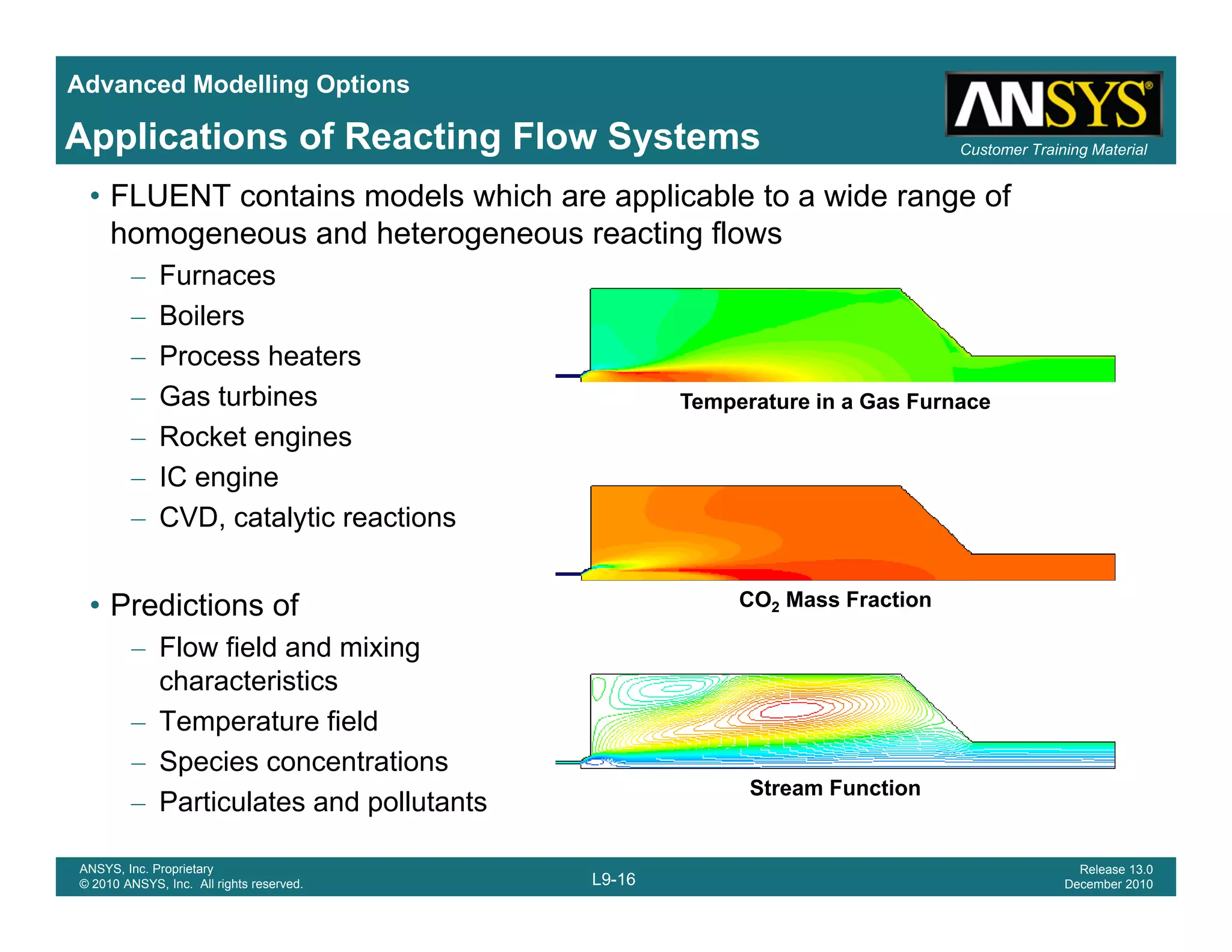 Advanced Modelling Options
Customer Training MaterialApplications of Reacting Flow Systems
• FLUENT contains models which are applicable to a wide range of
homogeneous and heterogeneous reacting flows
– Furnaces
Temperature in a Gas Furnace
– Boilers
– Process heaters
– Gas turbines
– Rocket engines
– IC engine
– CVD, catalytic reactions
CO2 Mass Fraction• Predictions of
– Flow field and mixingFlow field and mixing
characteristics
– Temperature field
– Species concentrations
L9-16
ANSYS, Inc. Proprietary
© 2010 ANSYS, Inc. All rights reserved.
Release 13.0
December 2010
Stream Function
p
– Particulates and pollutants
 