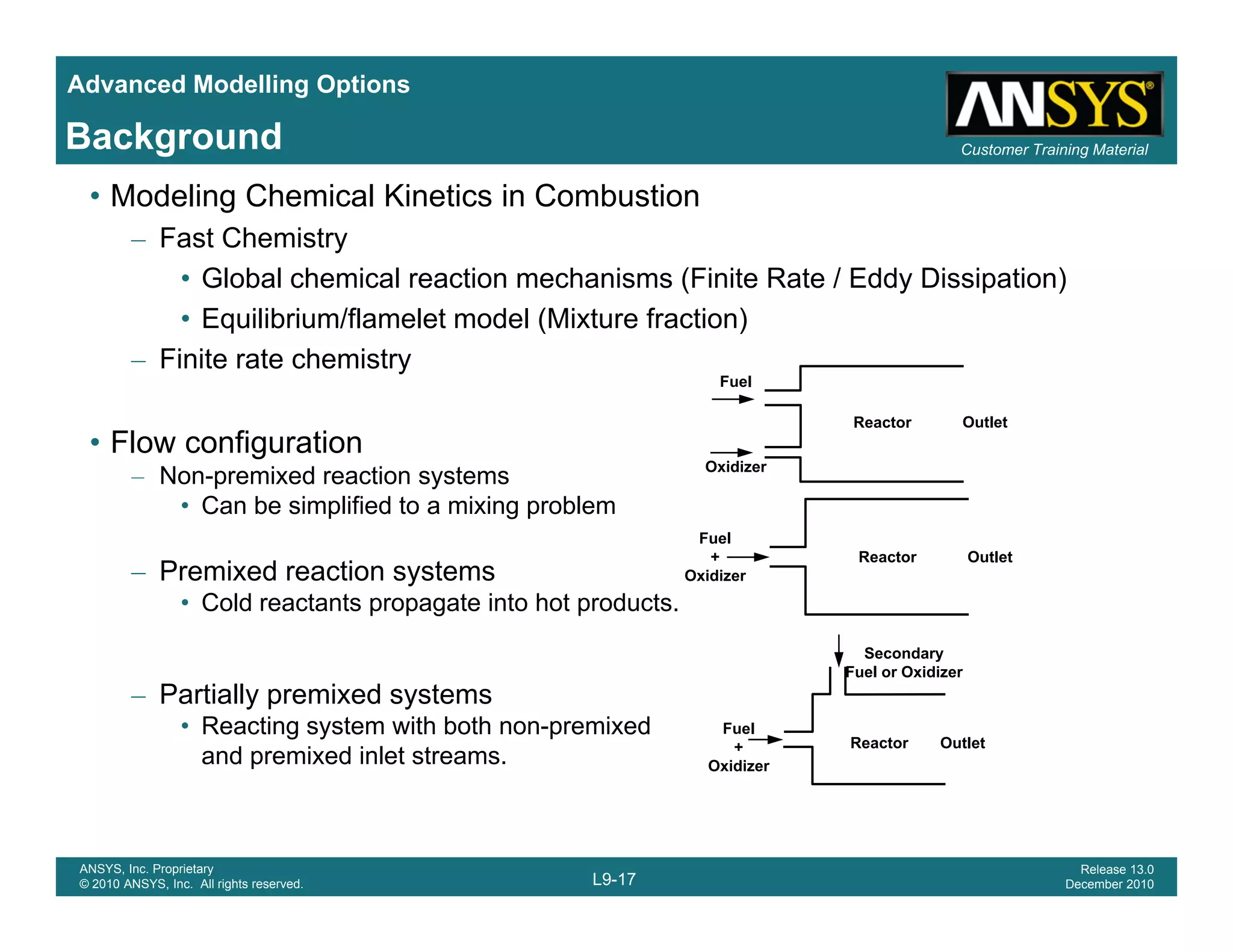 Advanced Modelling Options
Customer Training MaterialBackground
• Modeling Chemical Kinetics in Combustion
– Fast Chemistry
• Global chemical reaction mechanisms (Finite Rate / Eddy Dissipation)
• Equilibrium/flamelet model (Mixture fraction)
– Finite rate chemistry
Fuel
• Flow configuration
– Non-premixed reaction systems
• Can be simplified to a mixing problem
Oxidizer
Reactor Outlet
Fuel
– Premixed reaction systems
• Cold reactants propagate into hot products.
Fuel
+
Oxidizer
Reactor Outlet
Secondary
– Partially premixed systems
• Reacting system with both non-premixed
and premixed inlet streams.
Fuel
+
Oxidizer
Reactor
Secondary
Fuel or Oxidizer
Outlet
L9-17
ANSYS, Inc. Proprietary
© 2010 ANSYS, Inc. All rights reserved.
Release 13.0
December 2010
 