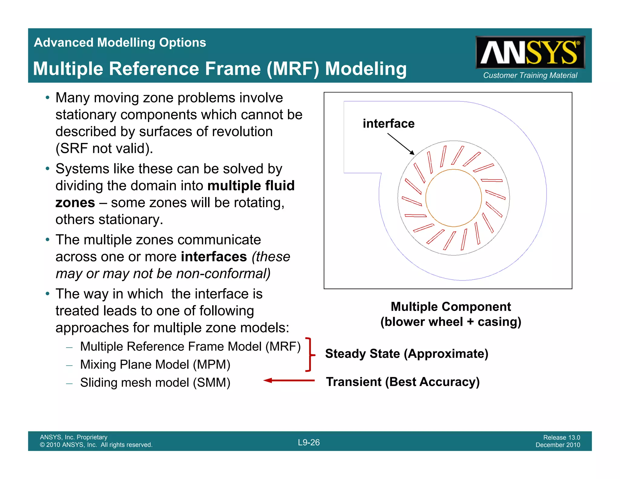 Advanced Modelling Options
Customer Training MaterialMultiple Reference Frame (MRF) Modeling
• Many moving zone problems involve
stationary components which cannot be
described by surfaces of revolution
(SRF not valid)
interface
(SRF not valid).
• Systems like these can be solved by
dividing the domain into multiple fluid
zones – some zones will be rotating,g
others stationary.
• The multiple zones communicate
across one or more interfaces (these
t b f l)may or may not be non-conformal)
• The way in which the interface is
treated leads to one of following
approaches for multiple zone models:
Multiple Component
(blower wheel + casing)
approaches for multiple zone models:
– Multiple Reference Frame Model (MRF)
– Mixing Plane Model (MPM)
– Sliding mesh model (SMM)
Steady State (Approximate)
Transient (Best Accuracy)
L9-26
ANSYS, Inc. Proprietary
© 2010 ANSYS, Inc. All rights reserved.
Release 13.0
December 2010
 