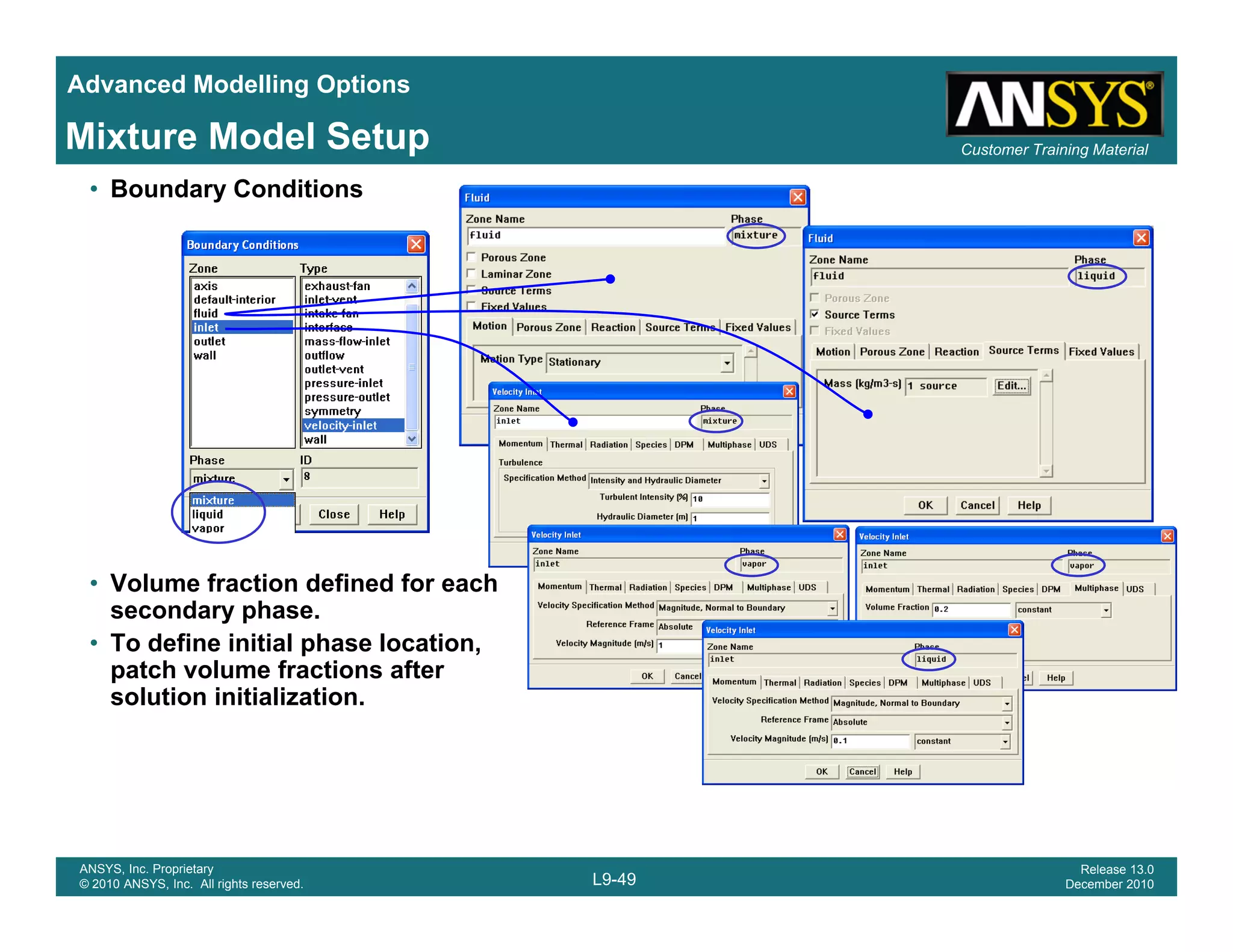 Advanced Modelling Options
Customer Training MaterialMixture Model Setup
• Boundary Conditions
• Volume fraction defined for each
secondary phase.
• To define initial phase location,p
patch volume fractions after
solution initialization.
L9-49
ANSYS, Inc. Proprietary
© 2010 ANSYS, Inc. All rights reserved.
Release 13.0
December 2010
 