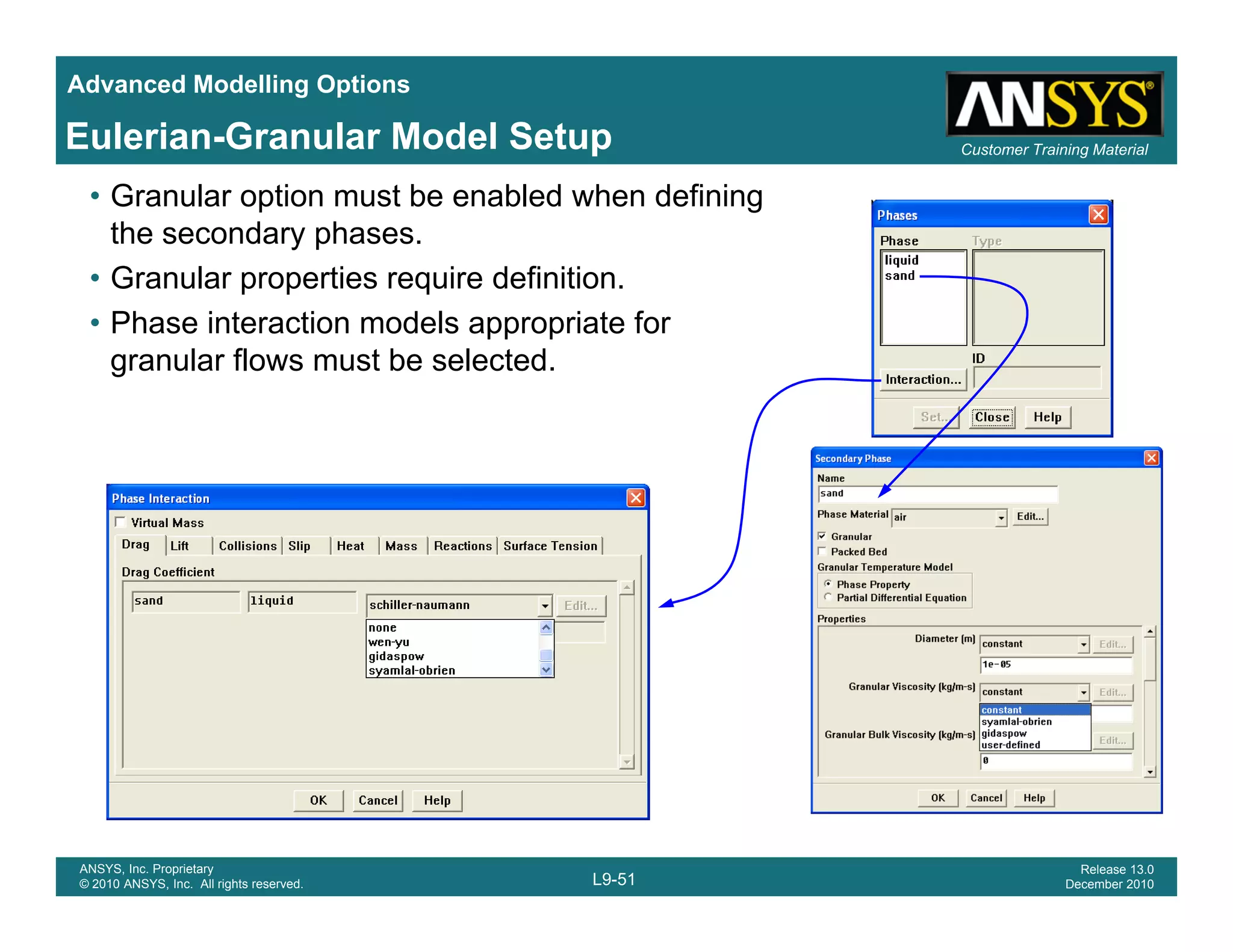 Advanced Modelling Options
Customer Training MaterialEulerian-Granular Model Setup
• Granular option must be enabled when defining
the secondary phases.
• Granular properties require definition.
• Phase interaction models appropriate for
granular flows must be selected.
L9-51
ANSYS, Inc. Proprietary
© 2010 ANSYS, Inc. All rights reserved.
Release 13.0
December 2010
 
