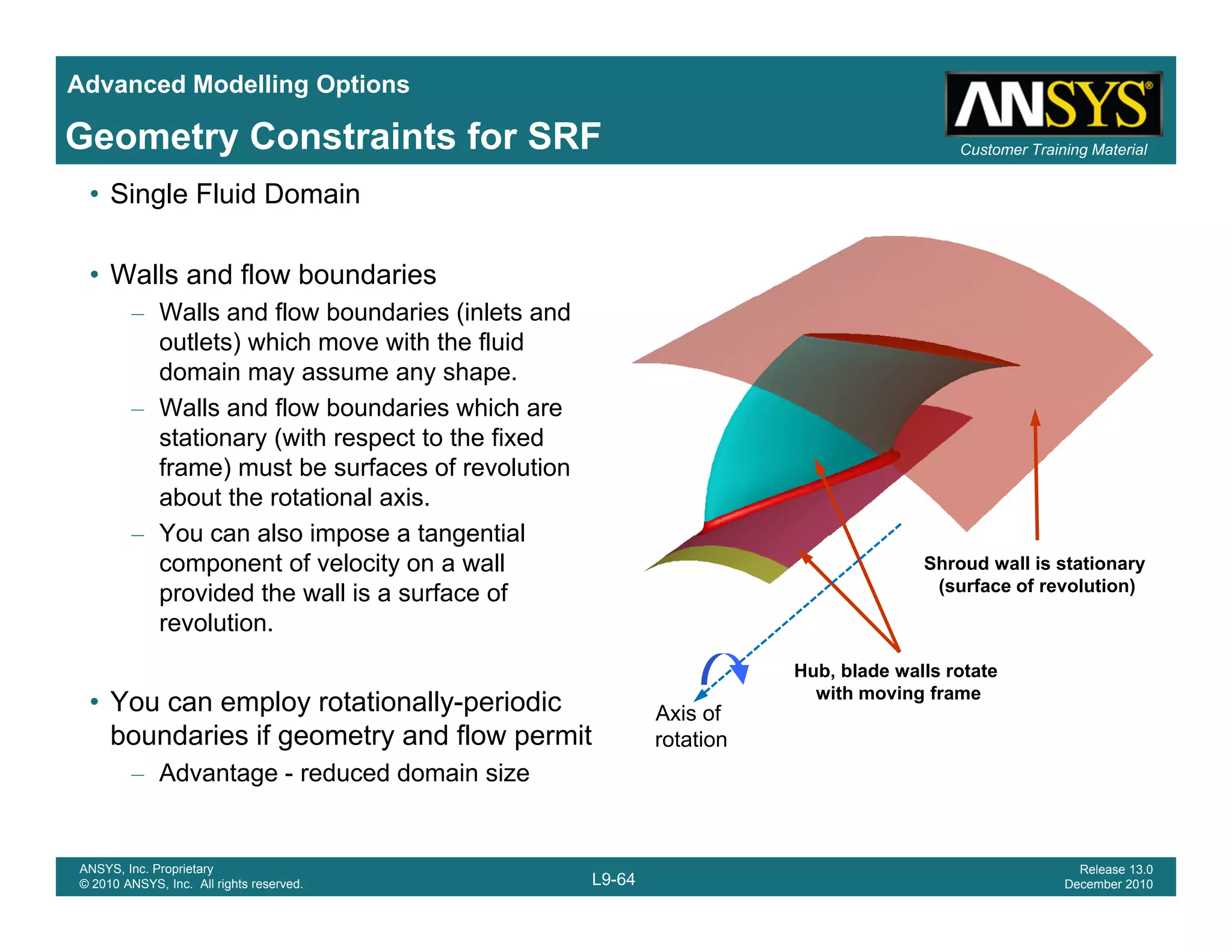 Advanced Modelling Options
Customer Training MaterialGeometry Constraints for SRF
• Single Fluid Domain
• Walls and flow boundaries
– Walls and flow boundaries (inlets and
outlets) which move with the fluid
domain may assume any shape.
– Walls and flow boundaries which areWalls and flow boundaries which are
stationary (with respect to the fixed
frame) must be surfaces of revolution
about the rotational axis.
– You can also impose a tangential– You can also impose a tangential
component of velocity on a wall
provided the wall is a surface of
revolution.
Shroud wall is stationary
(surface of revolution)
• You can employ rotationally-periodic
boundaries if geometry and flow permit
– Advantage - reduced domain size
Hub, blade walls rotate
with moving frame
Axis of
rotation
L9-64
ANSYS, Inc. Proprietary
© 2010 ANSYS, Inc. All rights reserved.
Release 13.0
December 2010
– Advantage - reduced domain size
 