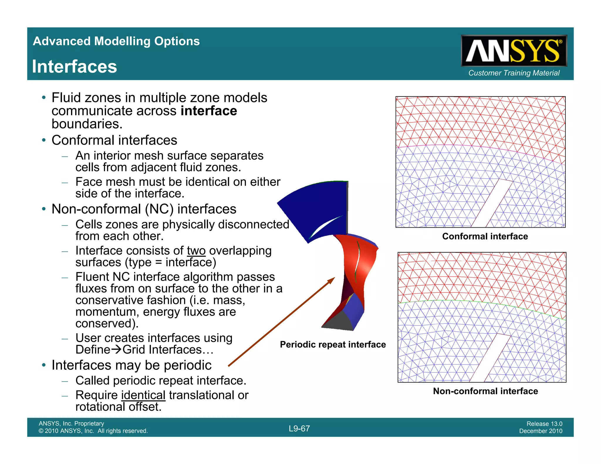 Advanced Modelling Options
Customer Training MaterialInterfaces
• Fluid zones in multiple zone models
communicate across interface
boundaries.
• Conformal interfacesConformal interfaces
– An interior mesh surface separates
cells from adjacent fluid zones.
– Face mesh must be identical on either
side of the interface.
• Non-conformal (NC) interfaces
– Cells zones are physically disconnected
from each other.
– Interface consists of two overlapping
surfaces (type = interface)
Conformal interface
surfaces (type = interface)
– Fluent NC interface algorithm passes
fluxes from on surface to the other in a
conservative fashion (i.e. mass,
momentum, energy fluxes are
d)conserved).
– User creates interfaces using
Define Grid Interfaces…
• Interfaces may be periodic
C ll d i di t i t f
Periodic repeat interface
L9-67
ANSYS, Inc. Proprietary
© 2010 ANSYS, Inc. All rights reserved.
Release 13.0
December 2010
– Called periodic repeat interface.
– Require identical translational or
rotational offset.
Non-conformal interface
 