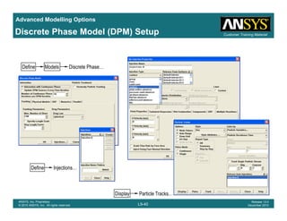 Advanced Modelling Options
Customer Training MaterialDiscrete Phase Model (DPM) Setup
Define Models Discrete Phase…Define Models Discrete Phase…
Define Injections…
L9-40
ANSYS, Inc. Proprietary
© 2010 ANSYS, Inc. All rights reserved.
Release 13.0
December 2010
Display Particle Tracks…
 
