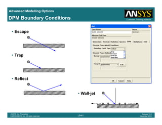 Advanced Modelling Options
Customer Training MaterialDPM Boundary Conditions
• Escape
• Trap• Trap
• Reflect
• Wall-jet
L9-41
ANSYS, Inc. Proprietary
© 2010 ANSYS, Inc. All rights reserved.
Release 13.0
December 2010
 
