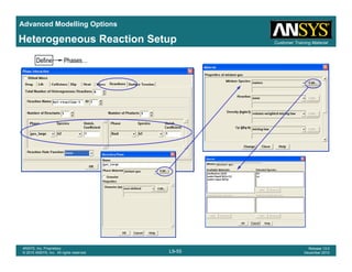 Advanced Modelling Options
Customer Training MaterialHeterogeneous Reaction Setup
Define Phases…
L9-55
ANSYS, Inc. Proprietary
© 2010 ANSYS, Inc. All rights reserved.
Release 13.0
December 2010
 