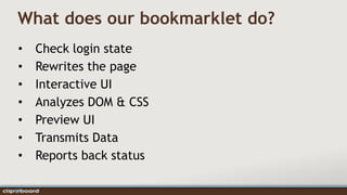 What does our bookmarklet do?
•   Check login state
•   Rewrites the page
•   Interactive UI
•   Analyzes DOM & CSS
•   Preview UI
•   Transmits Data
•   Reports back status
 