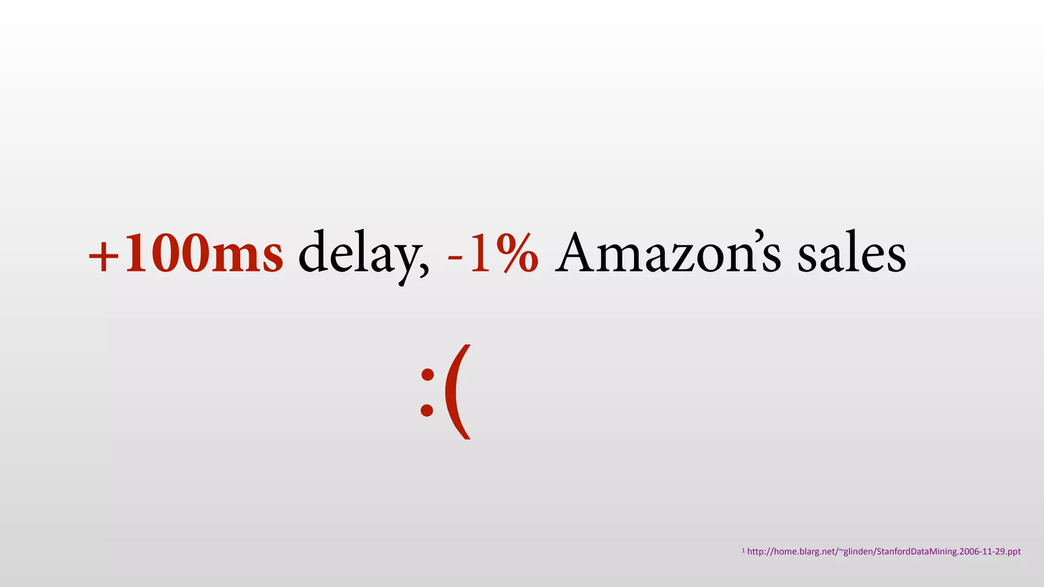 +100ms delay, -1% Amazon’s sales 1 http://home.blarg.net/~glinden/StanfordDataMining.2006-11-29.ppt :( 