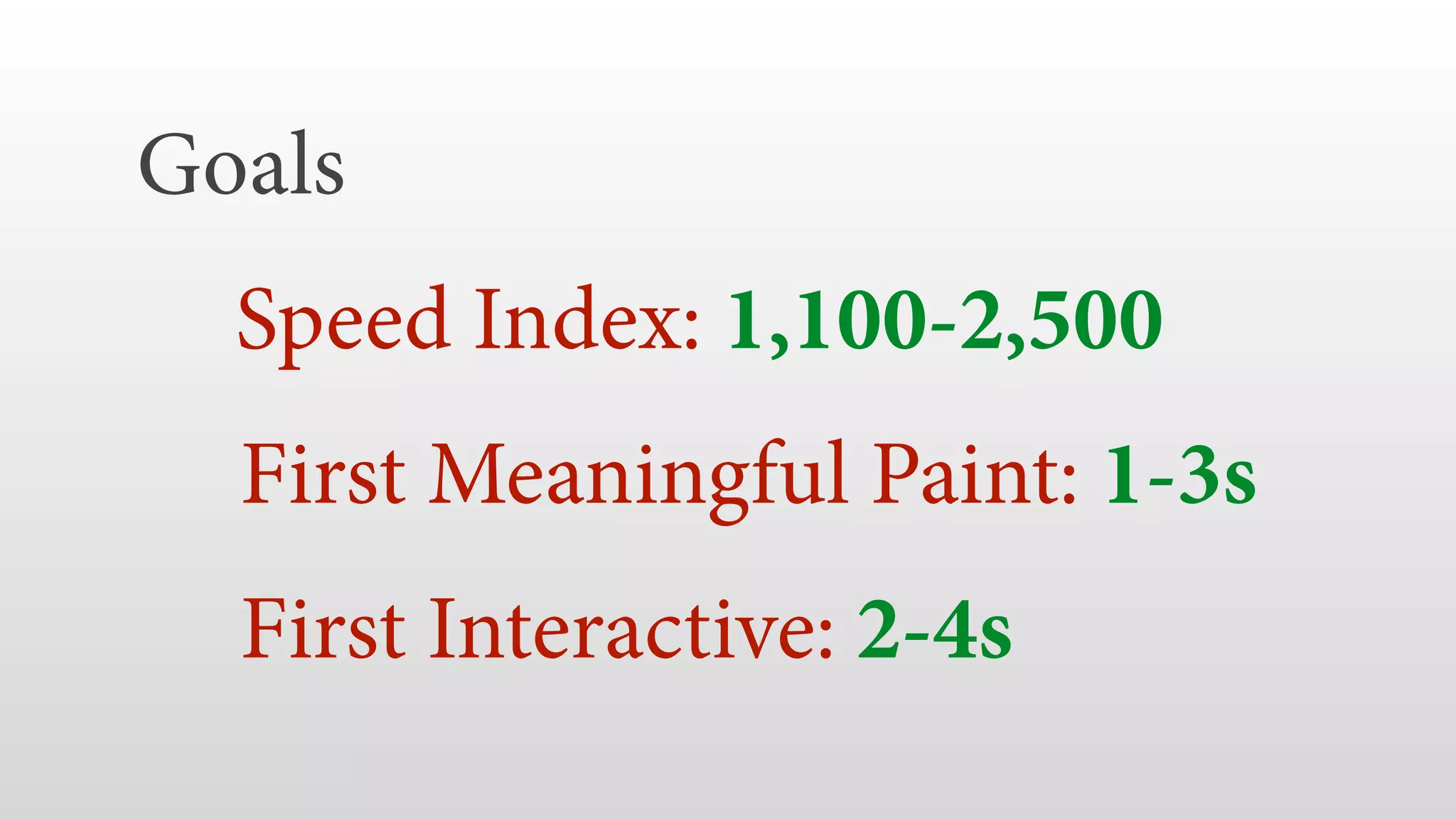 Goals  Speed Index: 1,100-2,500 First Meaningful Paint: 1-3s First Interactive: 2-4s 