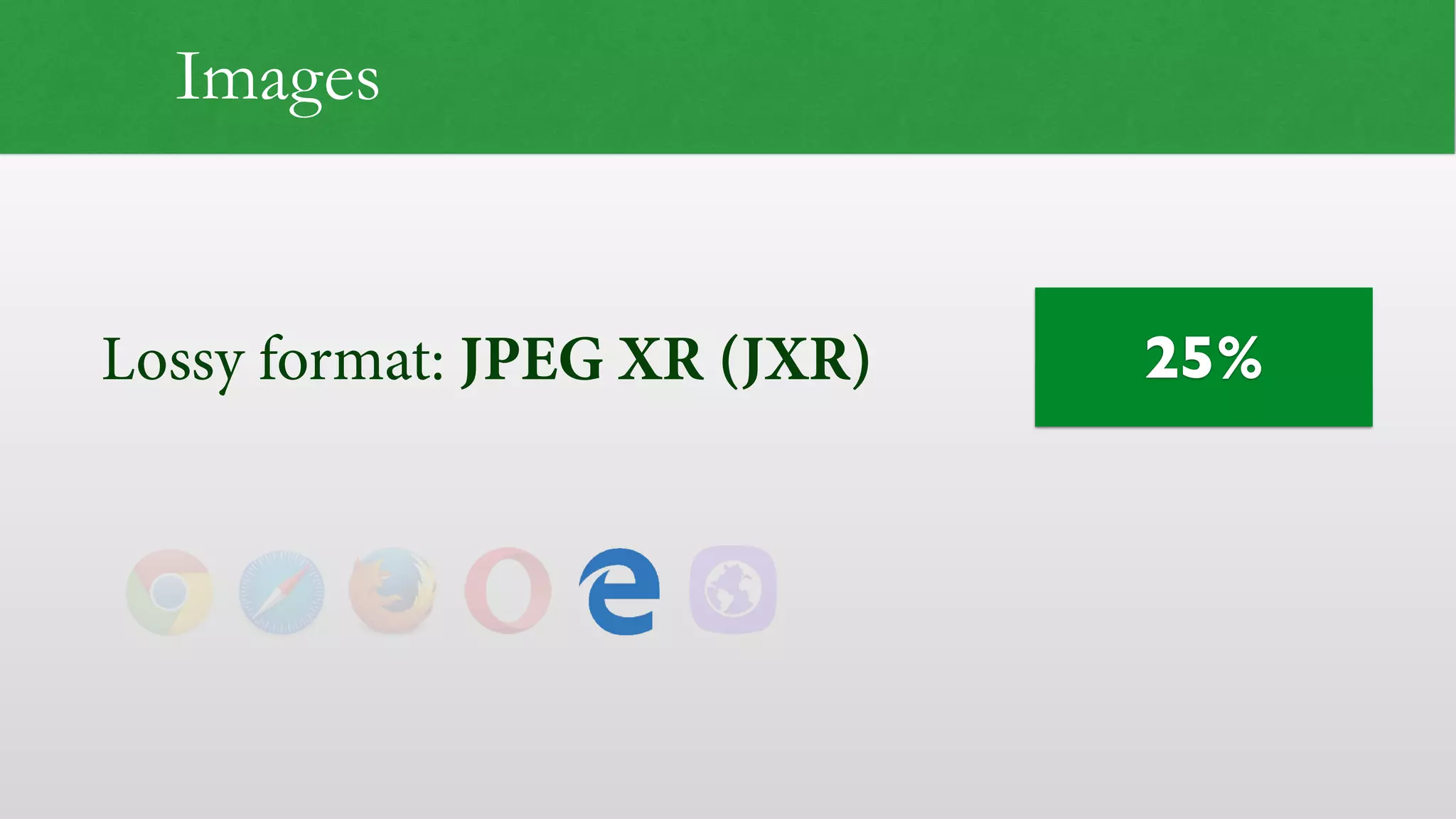 Lossy format: JPEG XR (JXR) 25% Images 