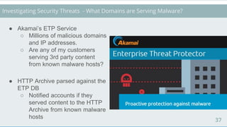 37
Investigating Security Threats - What Domains are Serving Malware?
● Akamai’s ETP Service
○ Millions of malicious domai...