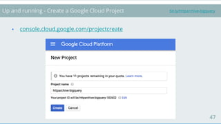 47
bit.ly/httparchive-bigqueryUp and running - Create a Google Cloud Project
⦁ console.cloud.google.com/projectcreate
 