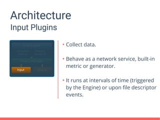 Architecture
Input Plugins
●
Collect data.
●
Behave as a network service, built-in
metric or generator.
●
It runs at intervals of time (triggered
by the Engine) or upon file descriptor
events.
 