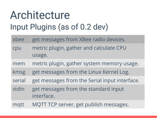 Architecture
Input Plugins (as of 0.2 dev)
xbee get messages from XBee radio devices.
cpu metric plugin, gather and calculate CPU
usage.
mem metric plugin, gather system memory usage.
kmsg get messages from the Linux Kernel Log.
serial get messages from the Serial input interface.
stdin get messages from the standard input
interface.
mqtt MQTT TCP server, get publish messages.
 