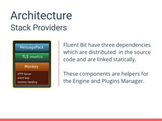 Architecture
Stack Providers
Fluent Bit have three dependencies
which are distributed in the source
code and are linked statically.
These components are helpers for
the Engine and Plugins Manager.
 