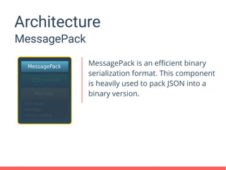 Architecture
MessagePack
MessagePack is an efficient binary
serialization format. This component
is heavily used to pack JSON into a
binary version.
 