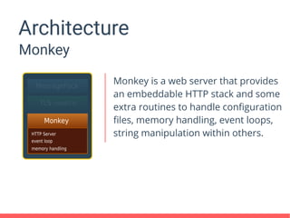 Architecture
Monkey
Monkey is a web server that provides
an embeddable HTTP stack and some
extra routines to handle configuration
files, memory handling, event loops,
string manipulation within others.
 