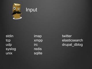 Input

stdin
tcp
udp
syslog
unix

imap
xmpp
irc
redis
sqlite

twitter
elasticsearch
drupal_dblog

 