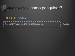 , como pesquisar?
DELETE/index
Curl –XGET „http://192.168.2.6:9200/twitter_dev

Pedido

 