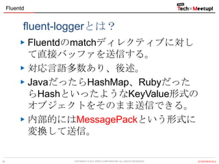 Fluentd

fluent-loggerとは？
Fluentdのmatchディレクティブに対し
て直接バッファを送信する。
対応言語多数あり、後述。
JavaだったらHashMap、Rubyだった
らHashといったようなKeyValue形式の
オブジェクトをそのまま送信できる。
内部的にはMessagePackという形式に
変換して送信。

28

COPYRIGHT &copy; 2013 IPROS CORPORATION. ALL RIGHTS RESERVED.

【CONFIDENTIAL】

 