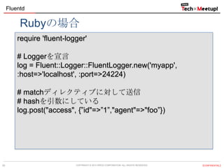 Fluentd

Rubyの場合
require 'fluent-logger'
# Loggerを宣言
log = Fluent::Logger::FluentLogger.new('myapp',
:host=>'localhost', :port=>24224)
# matchディレクティブに対して送信
# hashを引数にしている
log.post("access", {&rdquo;id"=>&rdquo;1&rdquo;,"agent"=>"foo&rdquo;})

29

COPYRIGHT &copy; 2013 IPROS CORPORATION. ALL RIGHTS RESERVED.

【CONFIDENTIAL】

 