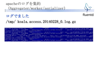 ログでました
/tmp/ koala.access.20140228_0.log.gz
apacheのログを集約
（Aggregater/worker/serializer）
 