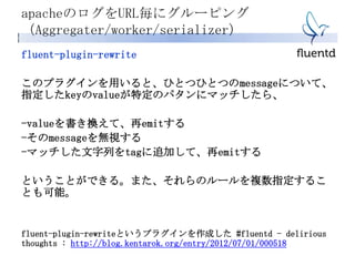 apacheのログをURL毎にグルーピング
（Aggregater/worker/serializer）
fluent-plugin-rewrite
このプラグインを用いると、ひとつひとつのmessageについて、
指定したkeyのvalueが特定のパタンにマッチしたら、
-valueを書き換えて、再emitする
-そのmessageを無視する
-マッチした文字列をtagに追加して、再emitする
ということができる。また、それらのルールを複数指定するこ
とも可能。
fluent-plugin-rewriteというプラグインを作成した #fluentd - delirious
thoughts : http://blog.kentarok.org/entry/2012/07/01/000518
 