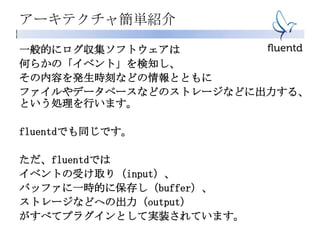 アーキテクチャ簡単紹介
一般的にログ収集ソフトウェアは
何らかの「イベント」を検知し、
その内容を発生時刻などの情報とともに
ファイルやデータベースなどのストレージなどに出力す
る、という処理を行います。
fluentdでも同じです。
ただ、fluentdでは
イベントの受け取り（input）、
バッファに一時的に保存し（buffer）、
ストレージなどへの出力（output）
がすべてプラグインとして実装されています。
 