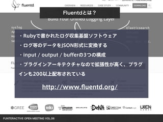 FUNTERACTIVE OPEN MEETING VOL.06 
Fluentdとは？
・Rubyで書かれたログ収集基盤ソフトウェア
・ログ等のデータをJSON形式に変換する
・input / output / bufferの3つの構成
・プラグインアーキテクチャなので拡張性が高く、プラグ
インも200以上配布されている
http://www.ﬂuentd.org/
 