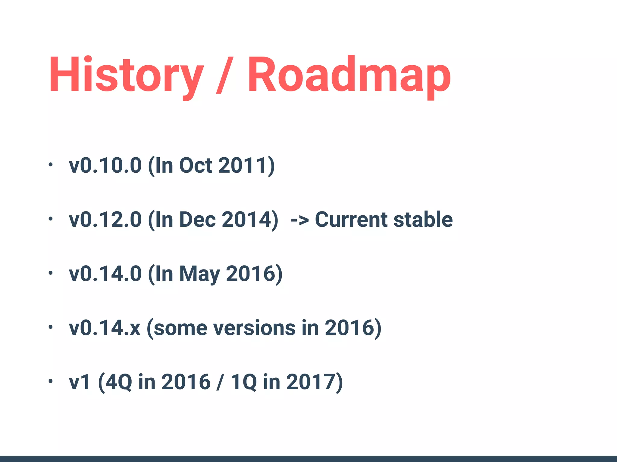 History / Roadmap
• v0.10.0 (In Oct 2011)
• v0.12.0 (In Dec 2014) -> Current stable
• v0.14.0 (In May 2016)
• v0.14.x (some versions in 2016)
• v1 (4Q in 2016 / 1Q in 2017)
 
