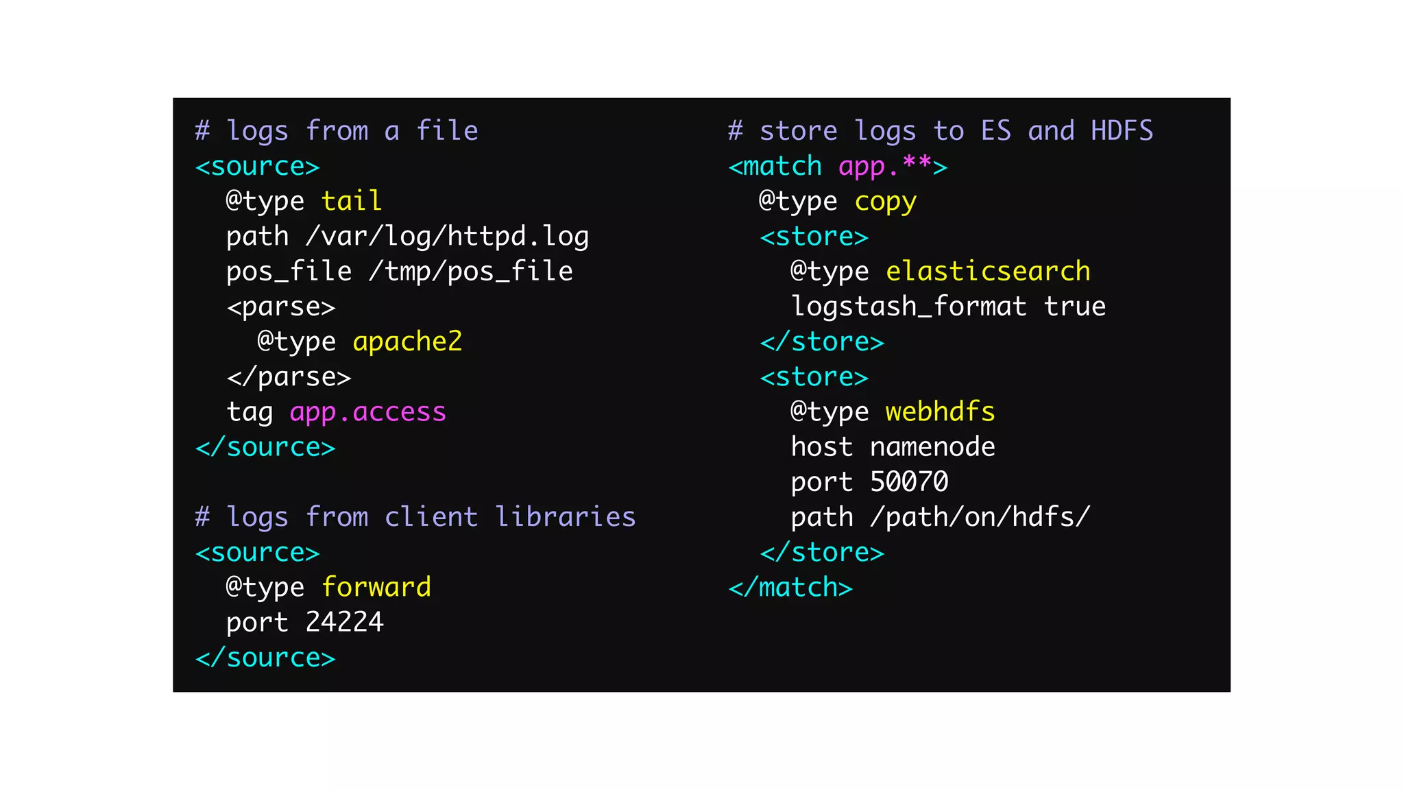 # logs from a file
<source>
@type tail
path /var/log/httpd.log
pos_file /tmp/pos_file
<parse>
@type apache2
</parse>
tag app.access
</source>
# logs from client libraries
<source>
@type forward
port 24224
</source>
# store logs to ES and HDFS
<match app.**>
@type copy
<store>
@type elasticsearch
logstash_format true
</store>
<store>
@type webhdfs
host namenode
port 50070
path /path/on/hdfs/
</store>
</match>
 