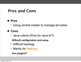 Pros and Cons
>
●

Pros
>

>
●

Using central master to manage all nodes

Cons
>

Java culture (Pros for Java-er?)
Difficult configuration and setup

>

Difficult topology

>

Mainly for Hadoop
less plugins?

Thursday, October 31, 13

 