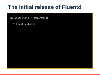 The initial release of Fluentd
Release 0.9.0 - 2011/06/20
* First release
 