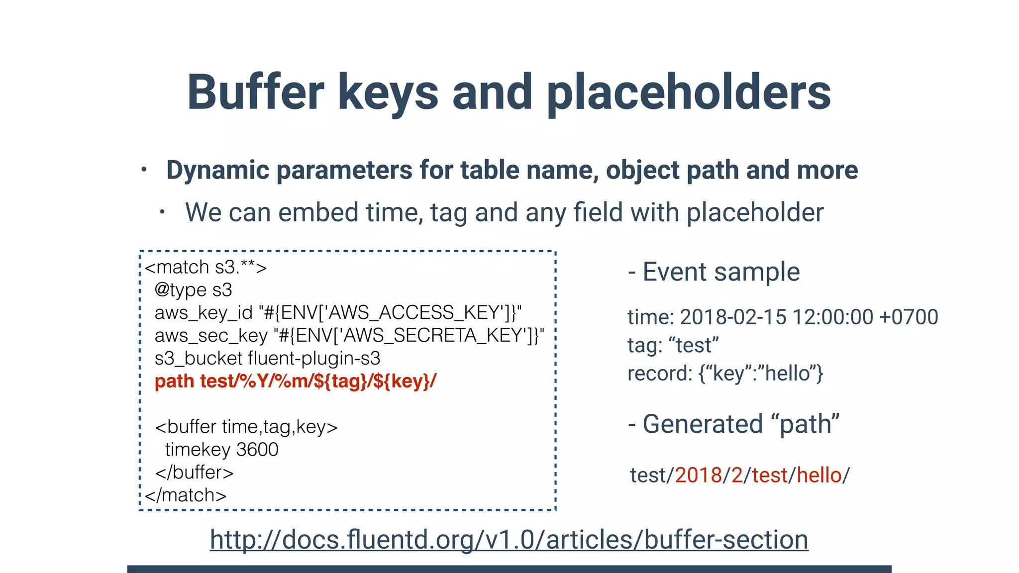 Buffer keys and placeholders
• Dynamic parameters for table name, object path and more
• We can embed time, tag and any ﬁeld with placeholder 
 
 
 
 
 
 
<match s3.**>
@type s3
aws_key_id "#{ENV['AWS_ACCESS_KEY']}"
aws_sec_key "#{ENV['AWS_SECRETA_KEY']}"
s3_bucket ﬂuent-plugin-s3
path test/%Y/%m/${tag}/${key}/
<buffer time,tag,key>
timekey 3600
</buffer>
</match>
http://docs.ﬂuentd.org/v1.0/articles/buffer-section
time: 2018-02-15 12:00:00 +0700
tag: “test”
record: {“key”:”hello”}
- Event sample
test/2018/2/test/hello/
- Generated “path”
 
