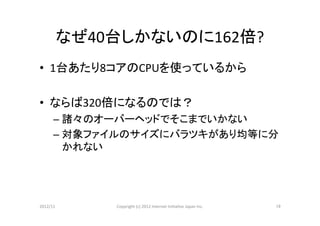 なぜ40台しかないのに162倍?	
•  1台あたり8コアのCPUを使っているから	
  

•  ならば320倍になるのでは？	
  
      –  諸々のオーバーヘッドでそこまでいかない	
  
      –  対象ファイルのサイズにバラツキがあり均等に分
         かれない	




2012/11	
    Copyright	
  (c)	
  2012	
  Internet	
  IniCaCve	
  Japan	
  Inc.	
   19	
 