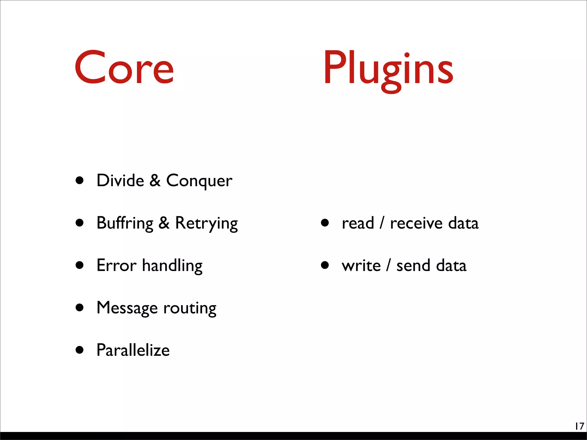 Core Plugins
• Divide & Conquer
• Buffring & Retrying
• Error handling
• Message routing
• Parallelize
• read / receive data
• write / send data
17
 