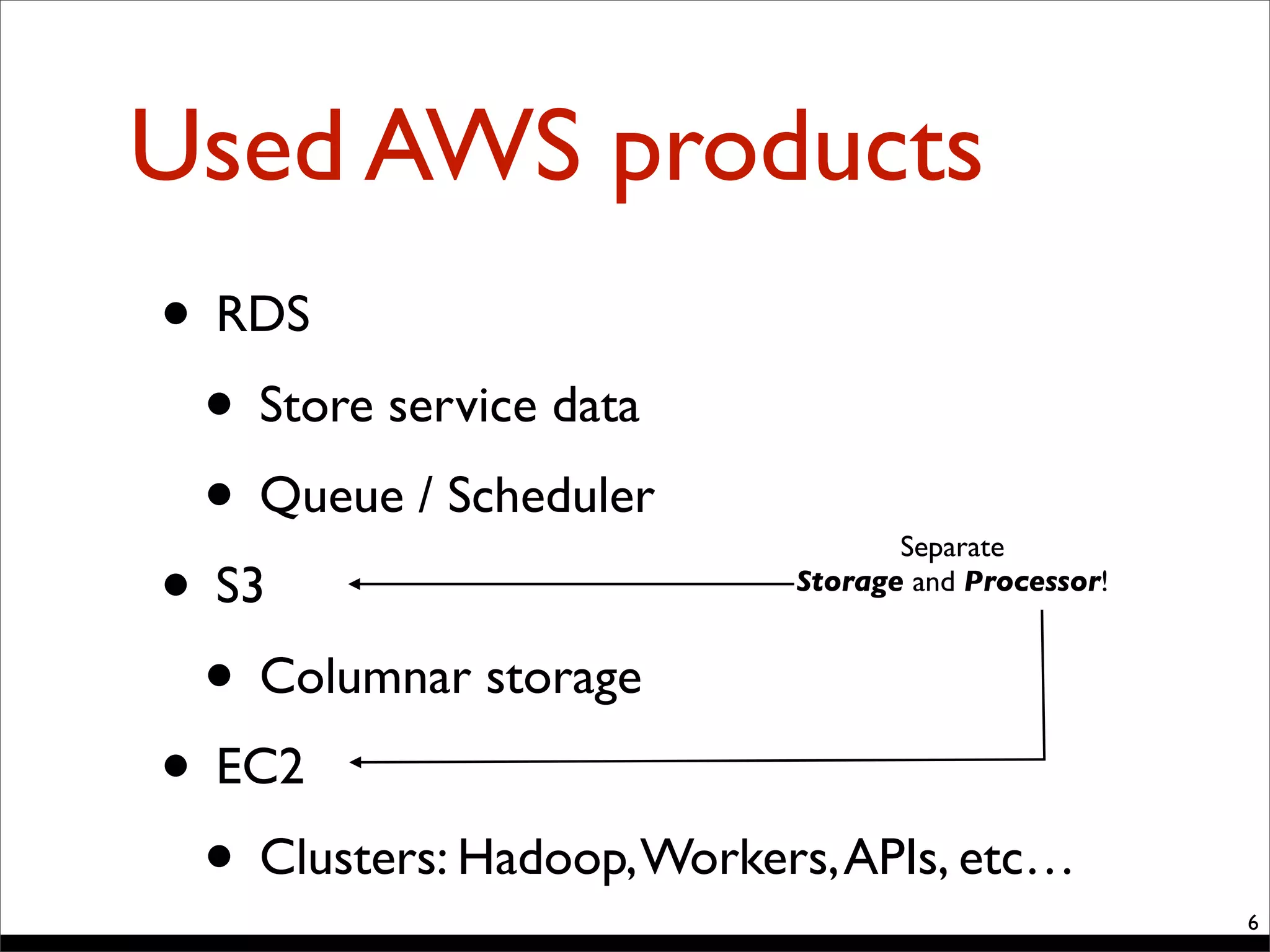 Used AWS products
• RDS
• Store service data
• Queue / Scheduler
• S3
• Columnar storage
• EC2
• Clusters: Hadoop,Workers,APIs, etc…
6
Separate
Storage and Processor!
 