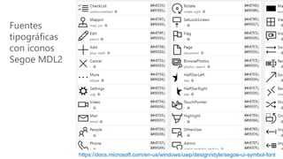 Fuentes
tipográficas
con iconos
Segoe MDL2
https://docs.microsoft.com/en-us/windows/uwp/design/style/segoe-ui-symbol-font
 