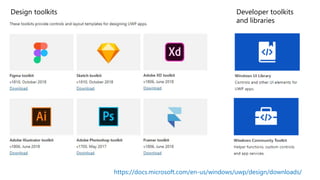 https://docs.microsoft.com/en-us/windows/uwp/design/downloads/
Developer toolkits
and libraries
Design toolkits
 