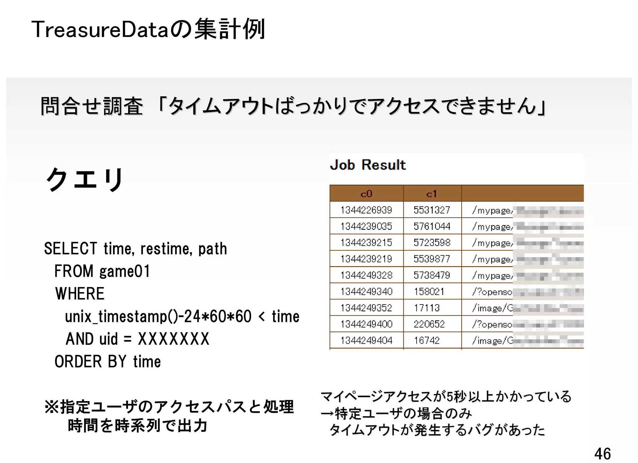 TreasureDataの集計例


問合せ調査 「タイムアウトばっかりでアクセスできません」


クエリ

SELECT time, restime, path
 FROM game01
 WHERE
  unix_timestamp()-24*60*60 < time
  AND uid = XXXXXXX
 ORDER BY time

                                     マイページアクセスが5秒以上かかっている
                                     マイページアクセスが5
※指定ユーザのアクセスパスと処理                     →特定ユーザの場合のみ
  時間を時系列で出力                           タイムアウトが発生するバグがあった
                                                            46
 