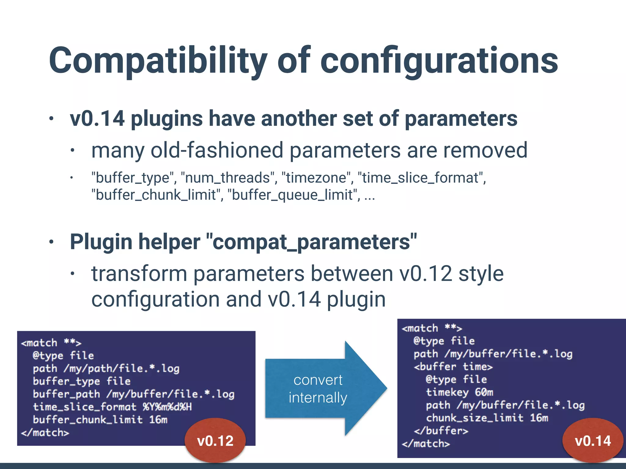 Compatibility of conﬁgurations
• v0.14 plugins have another set of parameters
• many old-fashioned parameters are removed
• "buffer_type", "num_threads", "timezone", "time_slice_format",
"buffer_chunk_limit", "buffer_queue_limit", ...
• Plugin helper "compat_parameters"
• transform parameters between v0.12 style
conﬁguration and v0.14 plugin
v0.12 v0.14
convert
internally
 