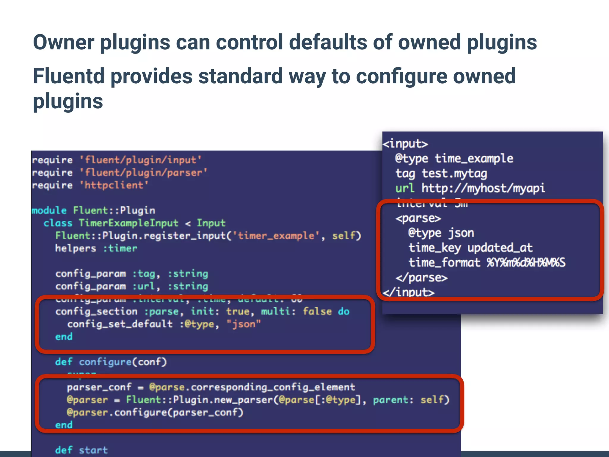 Owner plugins can control defaults of owned plugins
Fluentd provides standard way to conﬁgure owned
plugins
 