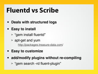 Fluentd vs Scribe
•   Deals with structured logs

•   Easy to install
    >   “gem install ﬂuentd”
    >   apt-get and yum...