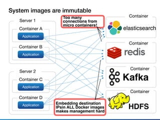 Server 1
Container A
Application
Container B
Application
Server 2
Container C
Application
Container D
Application
Kafka
elasticsearch
HDFS
Container
Container
Container
Container
System images are immutable
Too many
connections from
micro containers!
Embedding destination
IPsin ALL Docker images 
makes management hard
 