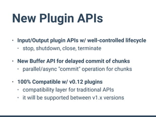 New Plugin APIs
• Input/Output plugin APIs w/ well-controlled lifecycle
• stop, shutdown, close, terminate
• New Buffer AP...
