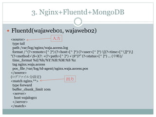3. Nginx+Fluentd+MongoDB
 Fluentd(wajaweb01, wajaweb02)
<source>
type tail
path /var/log/nginx/waja.access.log
format /^(?<remote>[^ ]*) (?<host>[^ ]*) (?<user>[^ ]*) [(?<time>[^]]*)]
“(?<method>S+)(?: +(?<path>[^ ]*) +S*)?” (?<status>[^ ]*) … (中略)/
time_format %d/%b/%Y:%H:%M:%S %z
tag nginx.waja.access
pos_file /var/log/td-agent/nginx.waja.access.pos
</source>
(ログファイル分設定)
<match nginx.**>
type forward
buffer_chunk_limit 10m
<server>
host wajalog01
</server>
</match>
入力
出力
 