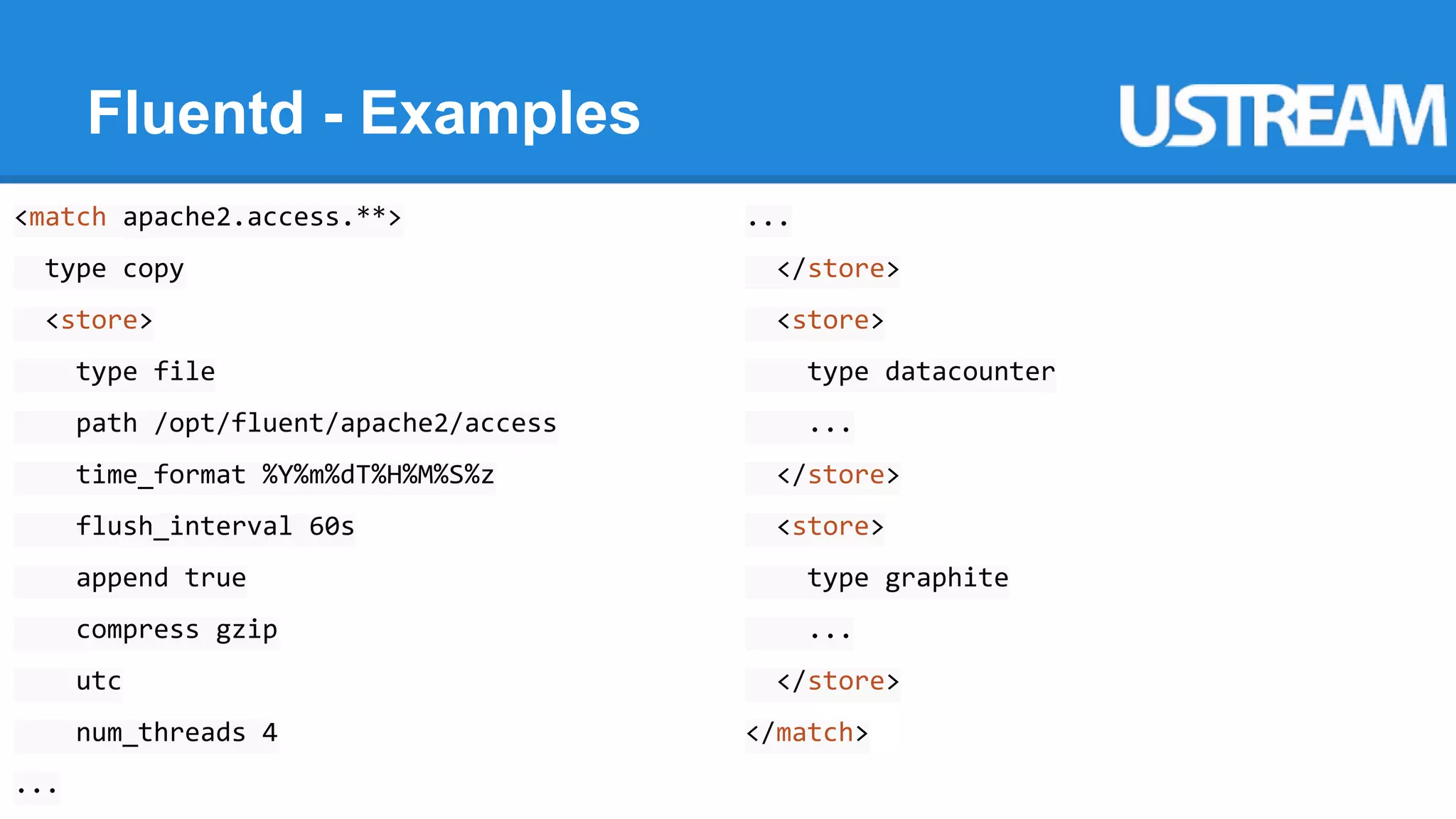Fluentd - Examples 
<match apache2.access.**> 
type copy 
<store> 
type file 
path /opt/fluent/apache2/access 
time_format %Y%m%dT%H%M%S%z 
flush_interval 60s 
append true 
compress gzip 
utc 
num_threads 4 
... 
... 
</store> 
<store> 
type datacounter 
... 
</store> 
<store> 
type graphite 
... 
</store> 
</match> 
 