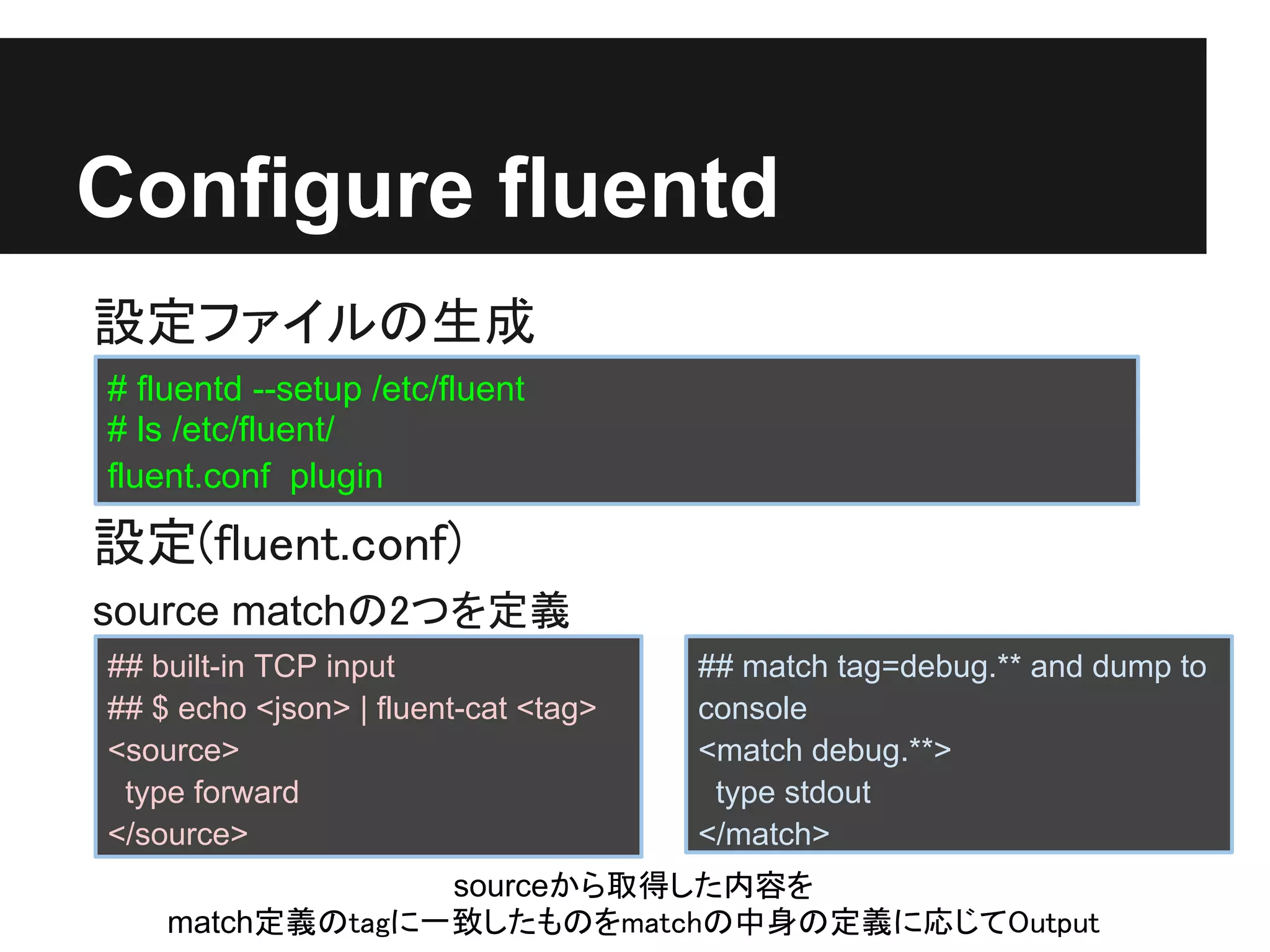 Configure fluentd
設定ファイルの生成
# fluentd --setup /etc/fluent
# ls /etc/fluent/
fluent.conf plugin

設定(fluent.conf)
source matchの2つを定義
## built-in TCP input                 ## match tag=debug.** and dump to
## $ echo <json> | fluent-cat <tag>   console
<source>                              <match debug.**>
 type forward                          type stdout
</source>                             </match>
                 sourceから取得した内容を
    match定義のtagに一致したものをmatchの中身の定義に応じてOutput
 